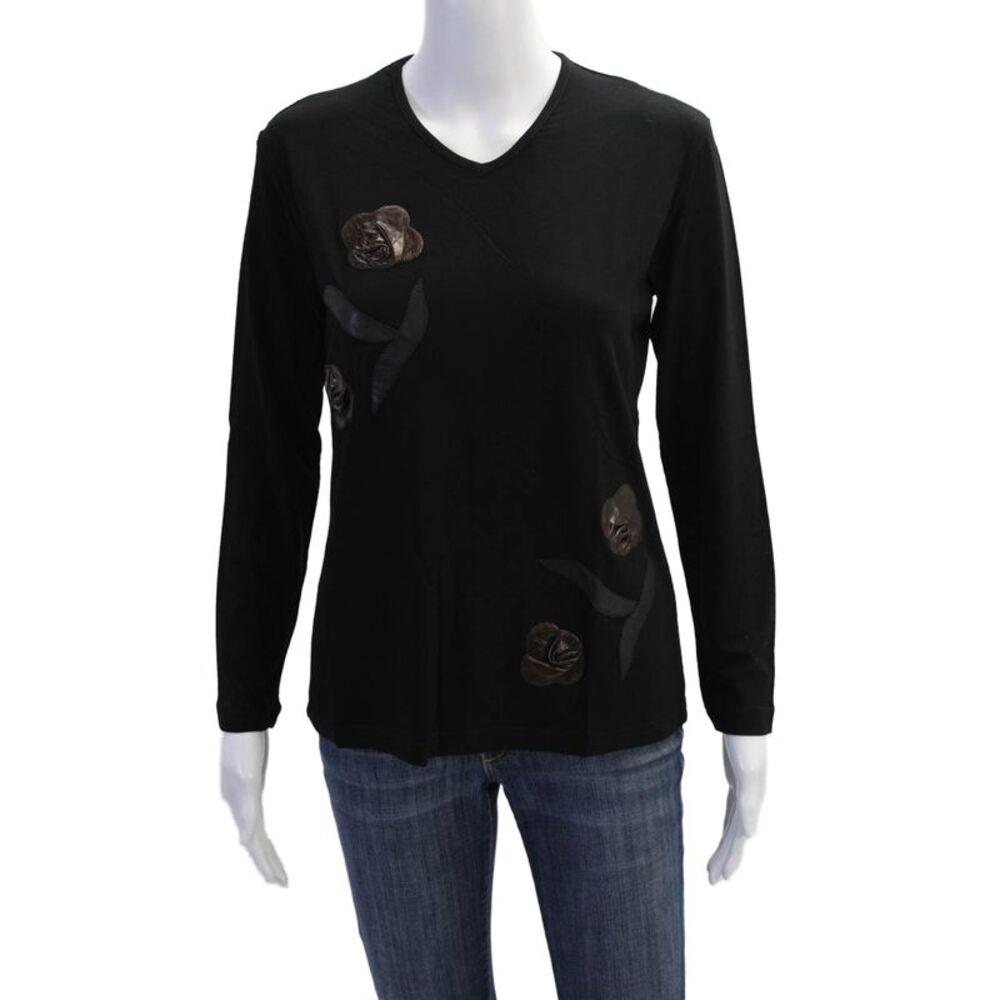 Natto Womens Leather Detail Round Neck Long Sleeve T-Shirt Top Brown Size M